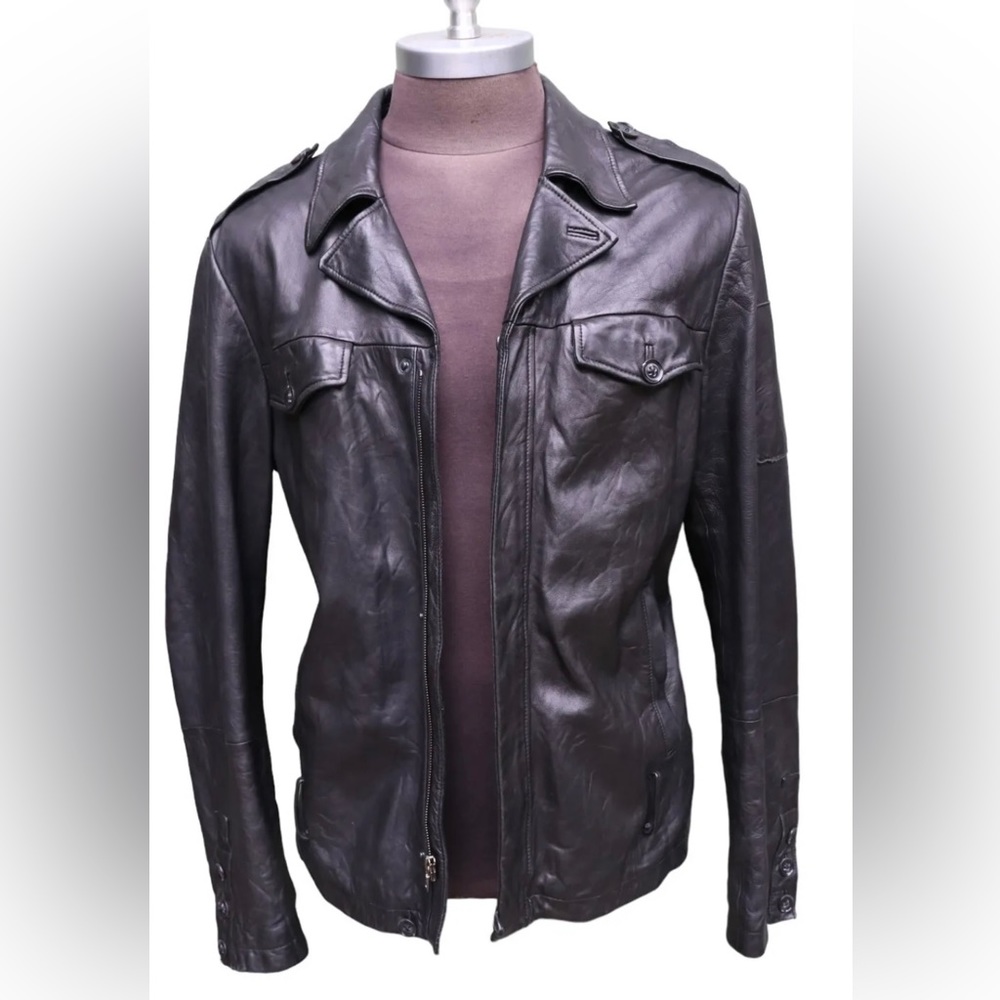 Ever Brand Black Leather Zip Up With Buttons Motorcycle Jacket Men’s SZ L
